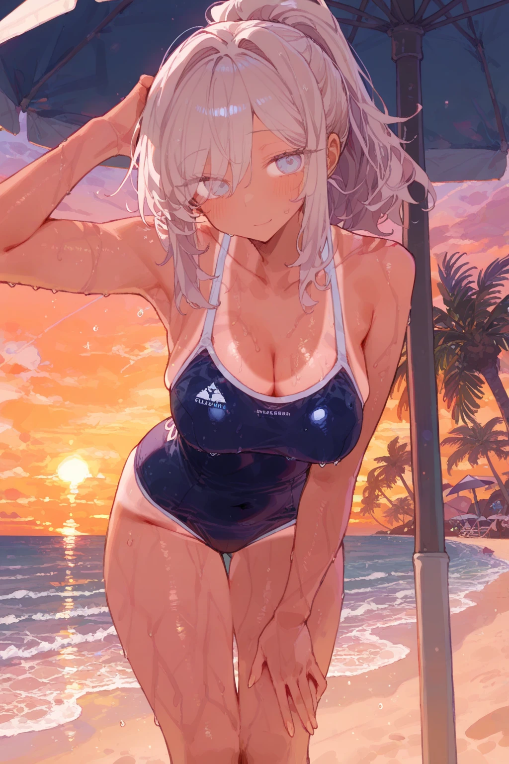 cover page, Hawaii's tourist magazine, highres, top quality, best quality, paid reward available, unparalleled masterpiece, perfect artwork, absurdres(angelic cute 1girl, cat girl)perfect anatomy, best pose as a subject, Wet skin, water droplets, smile, playing in the water, seashore, Palm tree, Swim suit, pareu, twilight, concept, camera angle, good lighting,