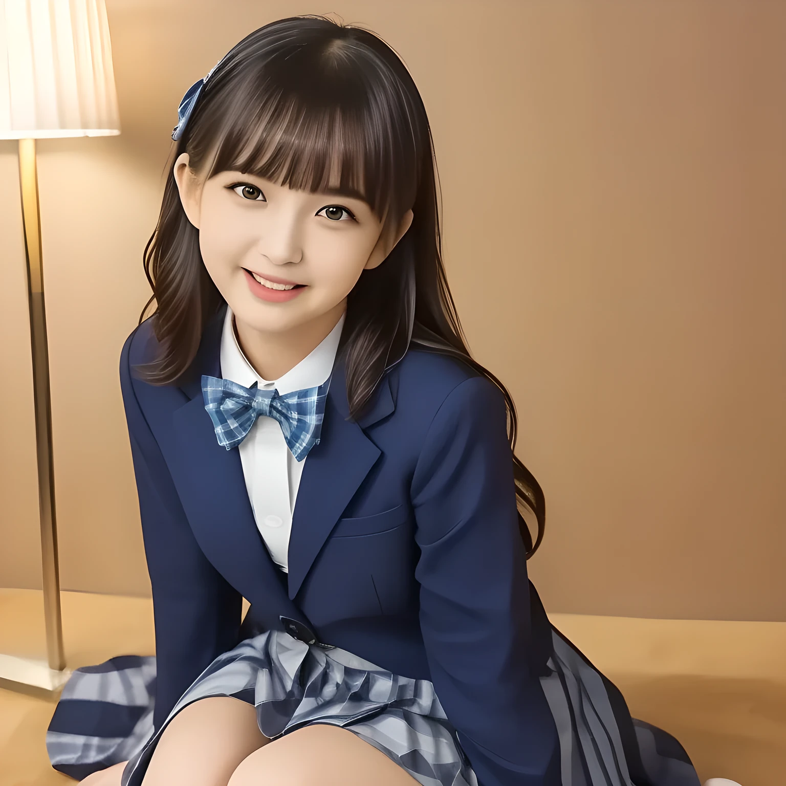 (highest quality, masterpiece, clearly detailed:1.5), highest quality, High resolution, 1080p, 8K, (Too beautiful ((purest)) ((sweetest and cutest)) ((beautiful girlish and Evolved with grace)), ((Too much beloved)) noble grown beautiful beautiful girl with detailed, Japanese with European eyes, 155cm height, ((svelte silhouette)), Cloistered beauty, dreamy appearance, with detailed: 1.7), (laughing white face with unreal beauty, overflowing with translucence: 1.8), ((Neatest (navy colored) blazer school uniform, shiny-blue bow-tie, school navy pleats plaid skirt with detailed), brown loafers: 1.8), (Too beautiful ((cute large brown prominent eyes like a French girl's eyes)), ((prominent droopy eyelid)), gazing up, and neatness charm the viewer), ((high-class and neatness of intelligent school uniform middle-length skirt is very impressing), focus on her beautiful face with detailed: 1.8), (black super-long wavy hair, bangs trimmed carefully, neat tight long hair: 2.0), (Sitting properly with knees closed on the floor: 1.5), (promotion of most high-class sexual hotel, most intelligent girl contest winner: 2.0), take a shot from side