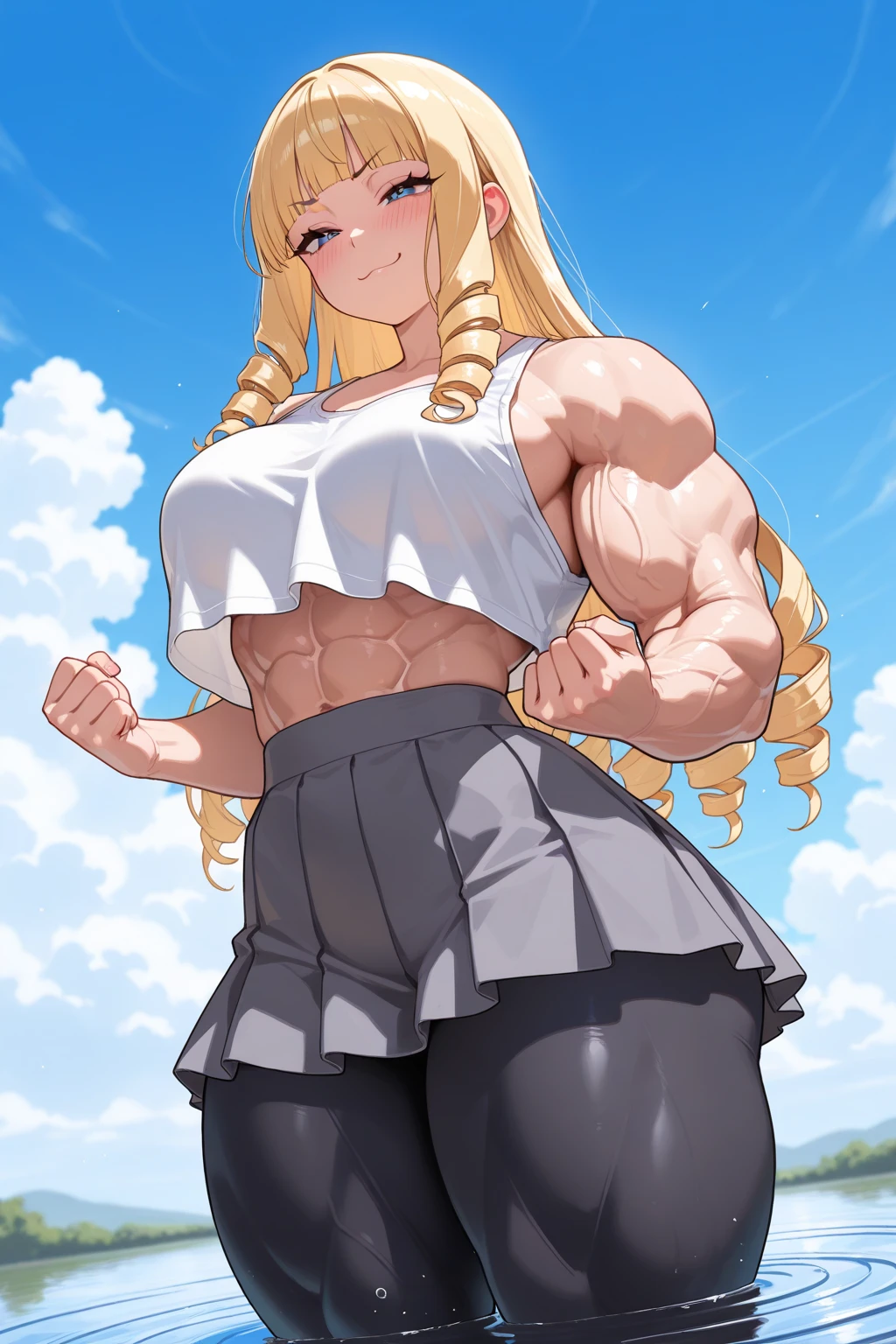 Frayed woman in a skirt and shirt posing in front of a blackboard, powerful and huge, hyperrealistic schoolgirl, exaggeratedly large physique, realistic , muscular girl, huge legs towering over you, a hyperrealist , feminine and muscular, strong and imposing, huge muscles, huge muscles, big muscles, muscular ultraviolent woman