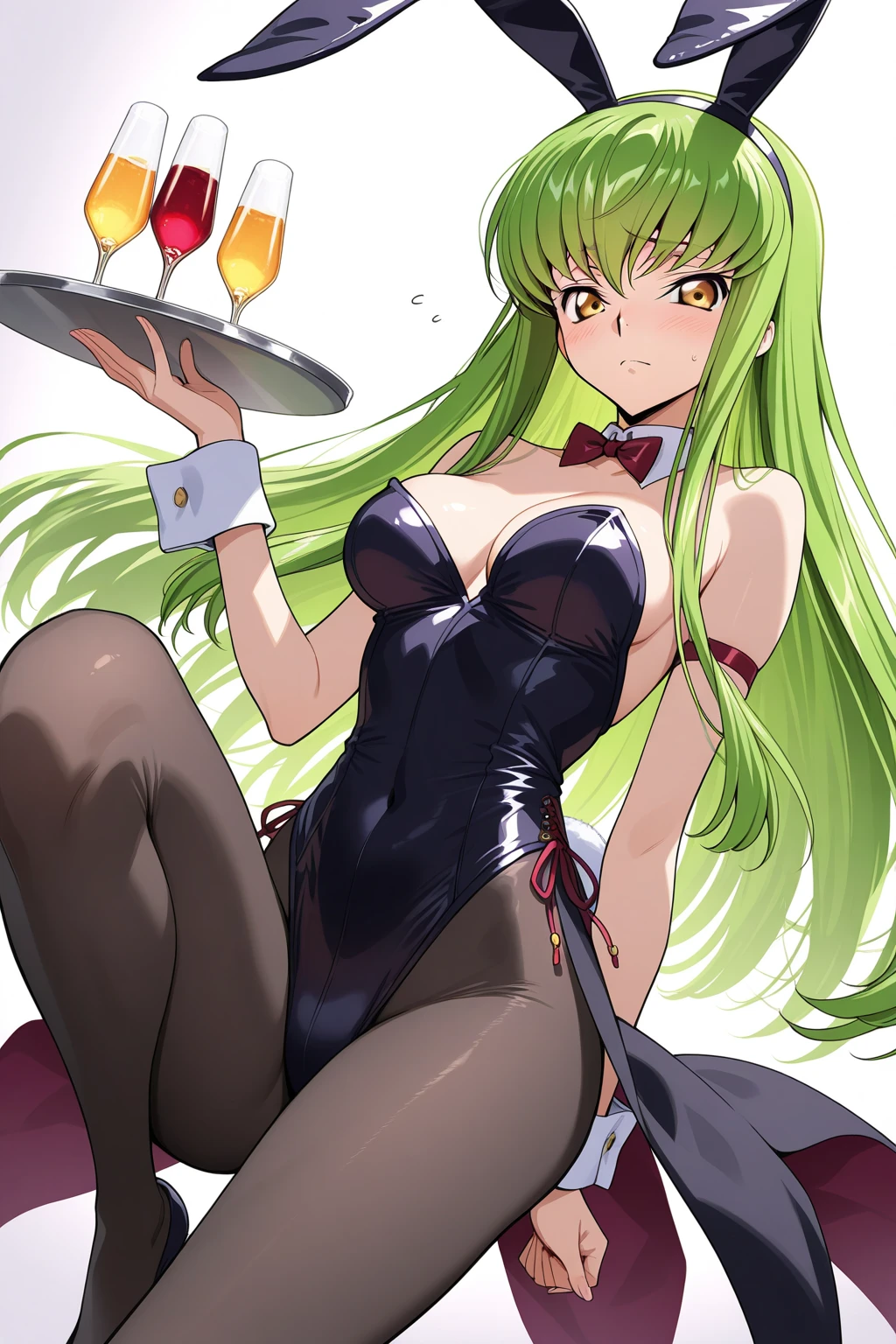 masterpiece,best quality,highres,ultra-detailed,tsuruya,long hair,<lora:tsuruya:0.8>,rabbit ears,playboy bunny,casino,holding tray,embarrassed,blush,standing,