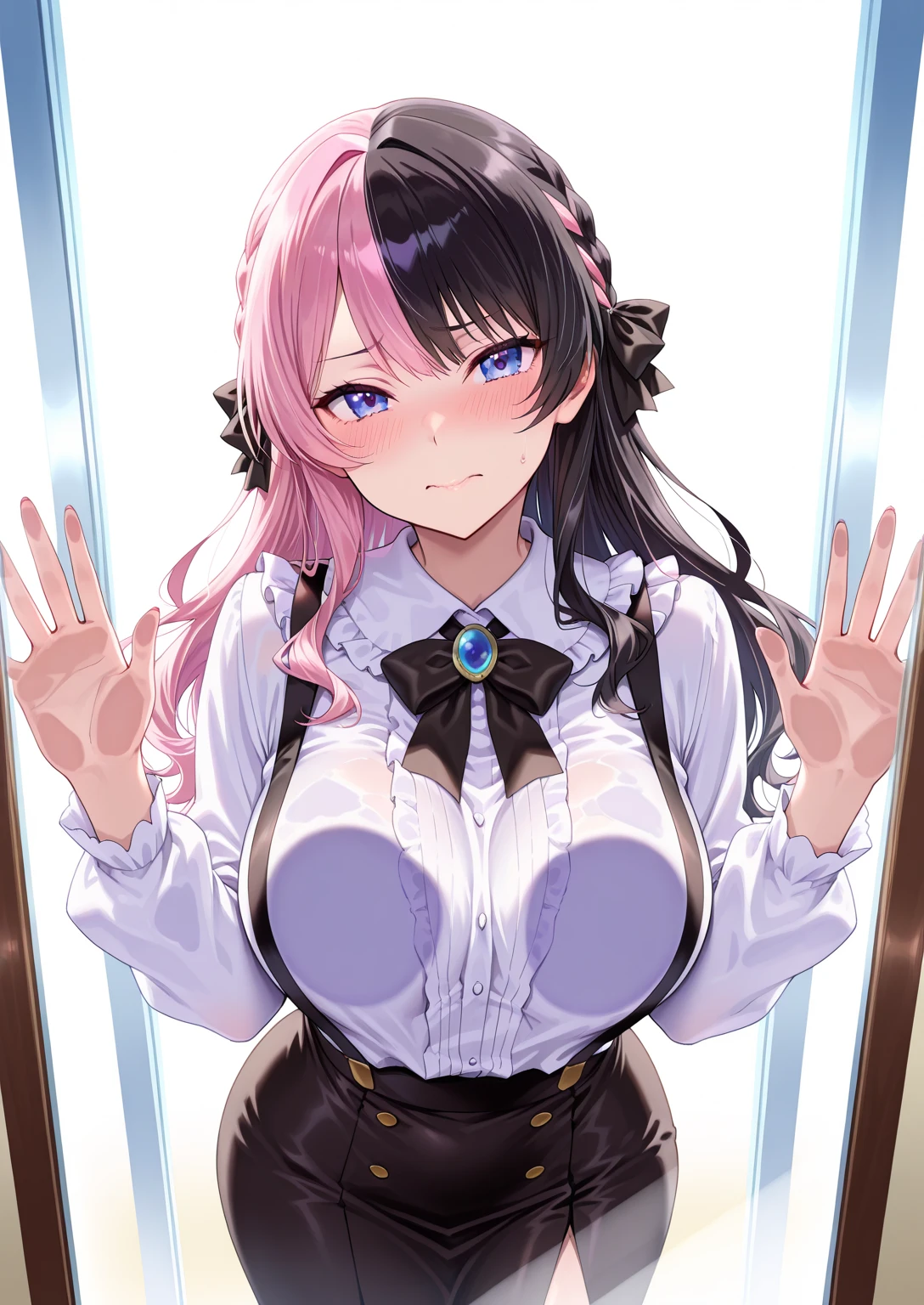 (nsfw:1.5)(masterpiece:1.4)、(Highest quality:1.4)1woman,(Loli face:1.1)、(Full Body Focus)、((Highest quality))、(masterpiece)、(Realistic Shadows)、(Depth of written boundary)、(Intricate details:1.4)Ahegao、Small body(On all fours:1.1)、1A man is inserting his penis from behind( (Bouncing breasts、Chest not aligned,Motion Lineotion Blur、trembling:1.2),(Scream:1.2)Tears in my eyes(Flat color: 1.0) That's it That's that That's that That's that That's that That's that That's that That's that (Black: 1.35) Part the pink two-tone hair vertically in the middle and tie a ribbon on the side: 1.3 ) (Black Half and Half (Black: 1.35) and Pink Hair Parted Vertically in the Center: 1.3) ((:1.35) and Pink Ombre Hair Parted Vertically in the Center: 1.3) (Black Mini Skirt: 1.2 ) (Ribbon/Solid hairstyle: 1.0) (Hair with side ribbons tied in a bow: 1.0) (Beautiful and delicate shiny purple drooping eyes: 1.0) (Drooping eyes with a hood: 1.0) (In the center of the chest White top with a big bow: 1.2 ) (White blouse: 1.2) (White shirt: 1.2) (Smile)