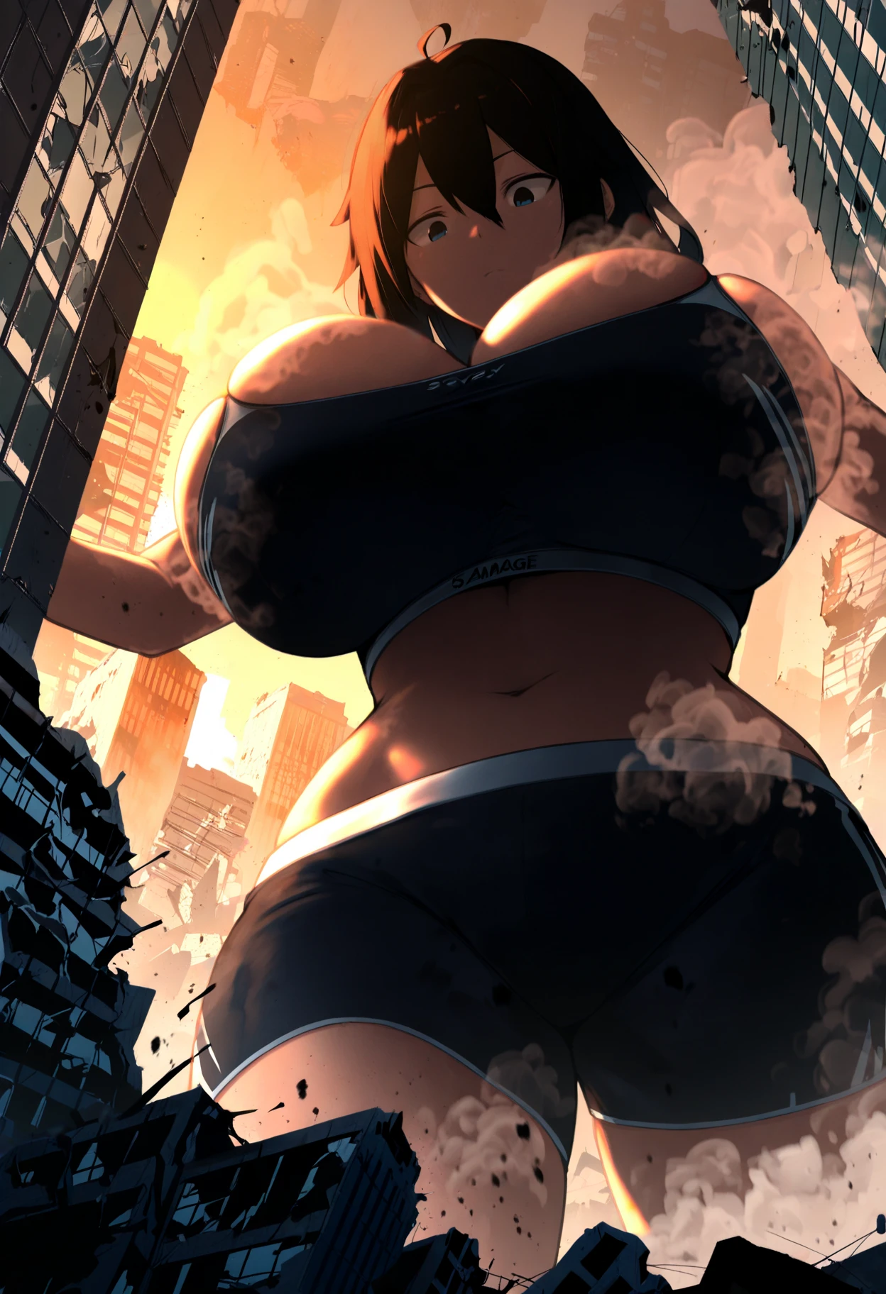 Destructiveな景色、Destroyed miniature cityscape、giantess、super gigantic breasts、Very large breasts、Lying on the ground、Press your chest against a miniature city、The whole body is visible、Beautiful Face、Big eyes、Black lace bra、Black lace panties、Overall view of the body、Huge chest、Cute face、Wink、Thick lips、Sexy pose、Masterpiece、Real Anime、Anime Style、Brown ponytail、Spectacular views、The city seen in the distance、Distant view of the city、Destructive、fire、A woman looks down at a collapsing miniature city