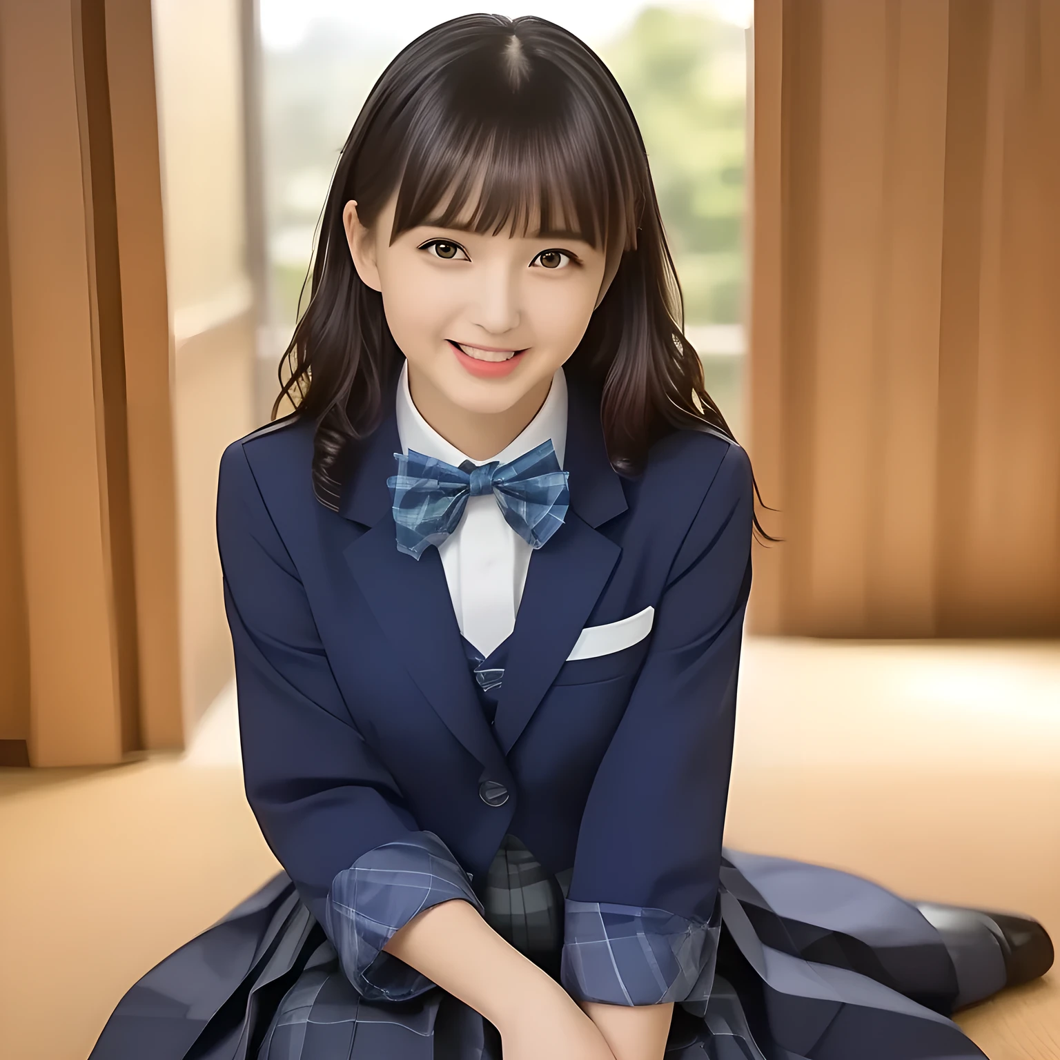 (highest quality, masterpiece, clearly detailed:1.5), highest quality, High resolution, 1080p, 8K, (Too beautiful ((purest)) ((sweetest and cutest)) ((beautiful girlish and Evolved with grace)), ((Too much beloved)) noble grown beautiful beautiful girl with detailed, Japanese with European eyes, 155cm height, ((svelte silhouette)), Cloistered beauty, evil minded, dreamy appearance, with detailed: 1.7), (laughing white face with unreal beauty, overflowing with translucence: 1.8), ((Neatest (navy colored) blazer school uniform, shiny-blue bow-tie, school navy pleats plaid skirt with detailed), brown loafers: 1.8), (Too beautiful ((cute large brown prominent eyes like a French girl's eyes)), ((prominent droopy eyelid)), gazing up, and neatness charm the viewer), ((high-class and neatness of intelligent school uniform middle-length skirt is very impressing), focus on her beautiful face with detailed: 1.8), (black super-long wavy hair, bangs trimmed carefully, neat tight long hair: 2.0), (Sitting properly with knees closed on the floor: 1.5), (promotion of most high-class sexual hotel, most intelligent girl contest winner: 2.0), take a shot from side floor
