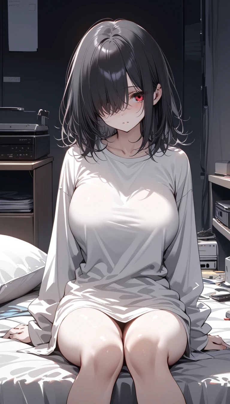 score_9, score_8_up, score_7_up, source_anime, best quality, masterpiece, official art, absurdres, highres, ultra-detailed,waifu2x,Collection: Slice of Life,break,1girl,mori girl, short hair, tank top, glasses, cleavage, large breasts, beautiful detailed eyes, sweat, open mouth, yawn, sleepily, indoors, bed, break,(clear line illustration:1.2), super detailed skin,very high resolution, very aesthetic, Best sexual lighting powered by famous artist, 8k,cute picture,beauty illustration,photoshop_(medium),,(Detailed Lighting),best anime 8k konachan wallpaper, pixiv contest winner,