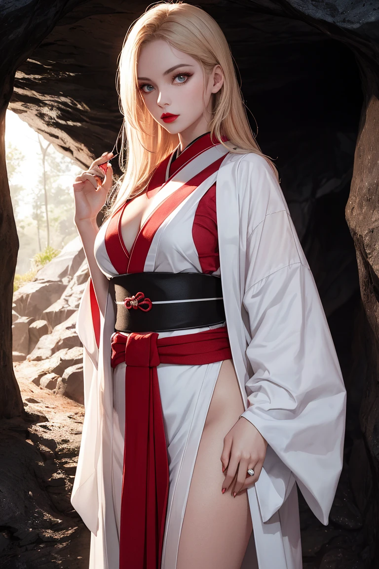 Demon Slayer Comics: An adult female character with white hair with red tips, wavy and bangs, she has light blue eyes, she is wearing a white ryori with flame details of fire, she has a very detailed green and black sword, she is on her side, walking among cherry trees
