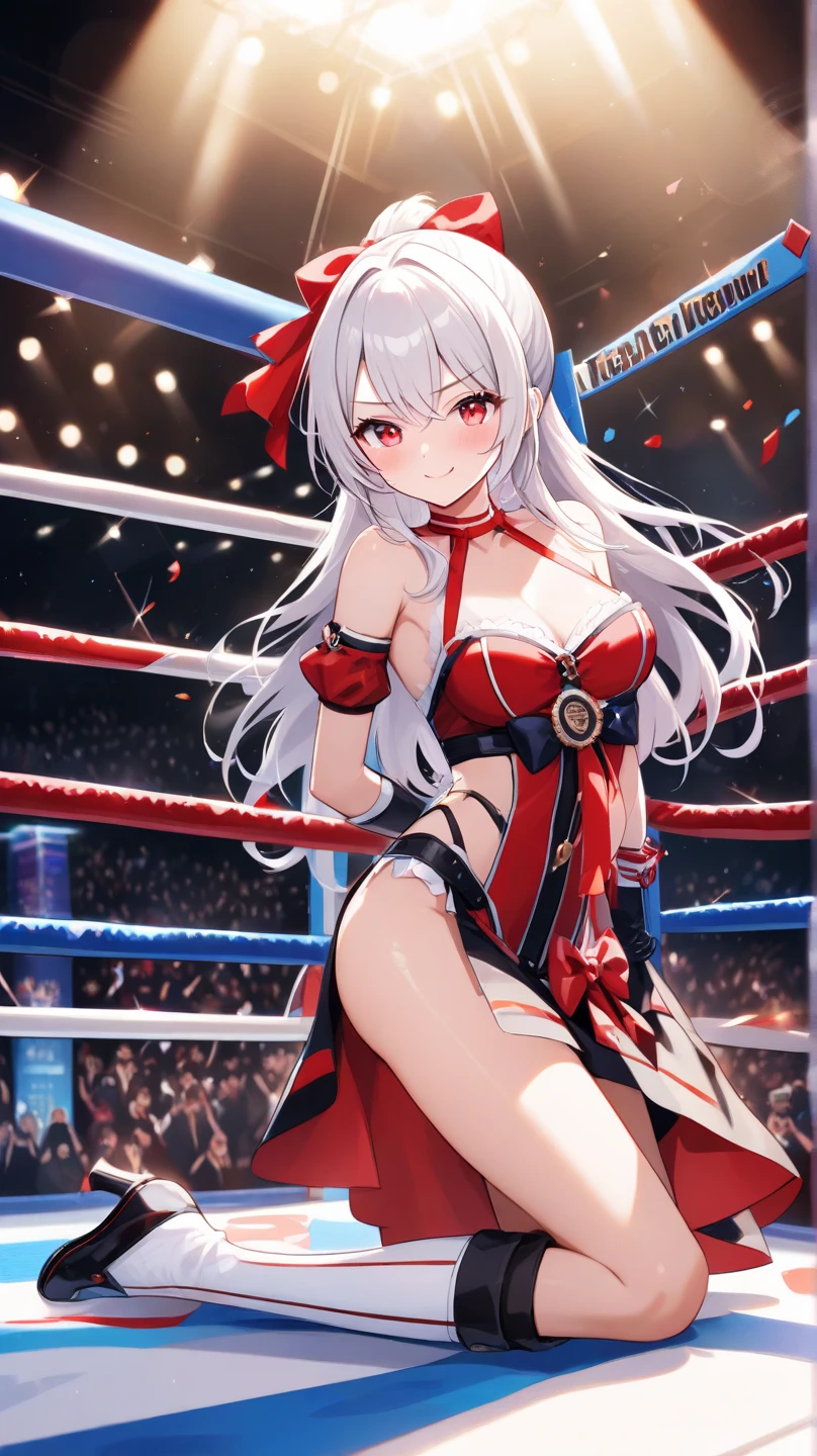 high quality,Mature beauty,White straight hair,Red Eyes,shy,blush,Wearing cheongsam,Black stockings,High heel,Wearing boxing gloves,Cleavage,Large Breasts,Camel toe,Long legs,Thin waist,Vest line,Absolute Domain,Sitting in the boxing ring with legs spread