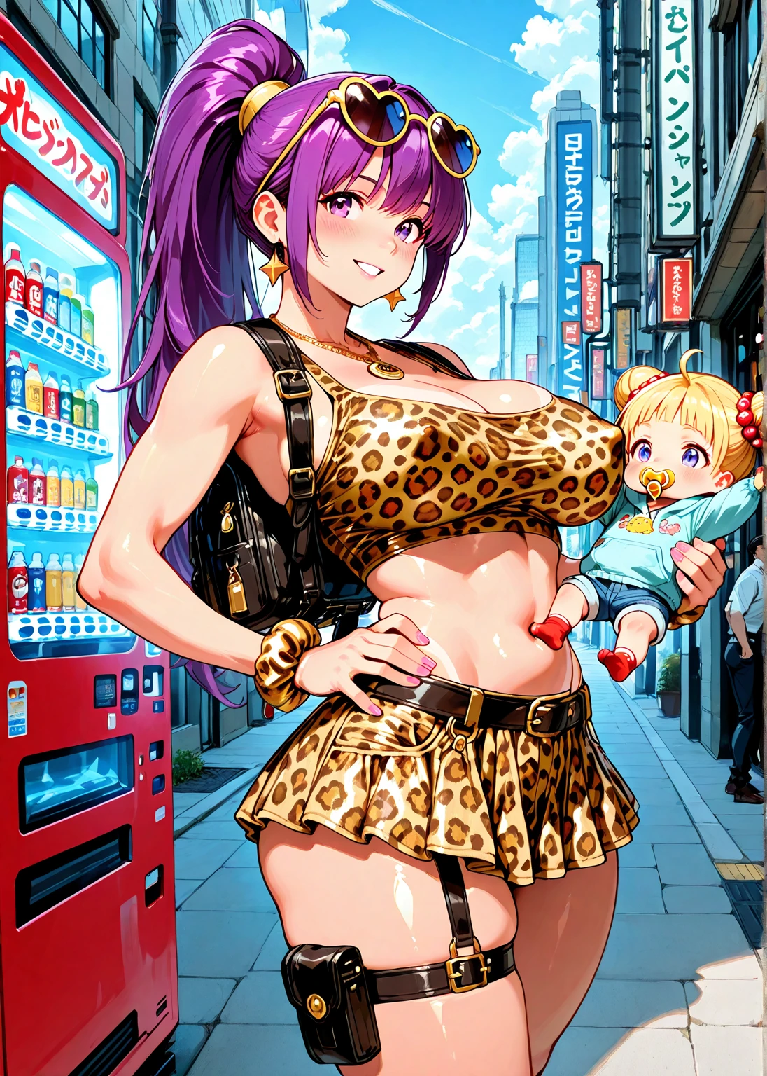 masterpiece, Highest quality, Very detailed, One girl, Improve, Mature Woman, alone, (Dark brown skin:2), Mislan, (Huge breasts:1.1), ((((Blonde), Long Hair, ponytail, Green Eyes, elongated pupils))), Part your lips, (((White shirt, tie shirt, Open clothes, bikini, leopard pattern, Pleated skirt))), ((blush, いたずらなsmile), Mouth closed), ((Put your hands on your hips,School rooftop)) smile Tie pants Slimy skin Shiny skin