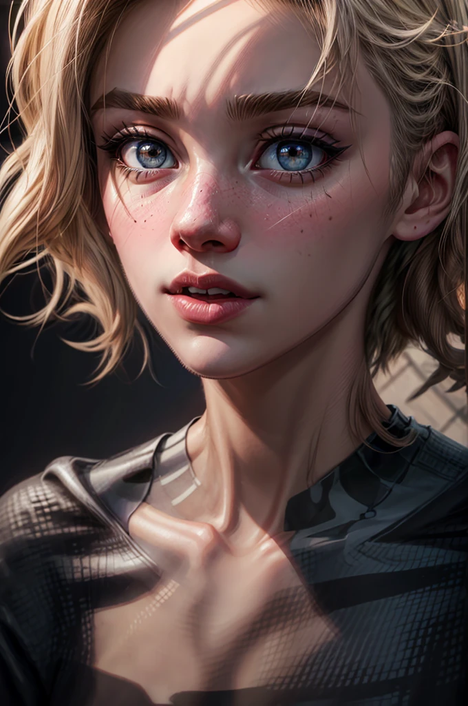 score_9, score_8_up, score_7_up, score_6 Gwen Stacy freckles, swinging through New York, up close