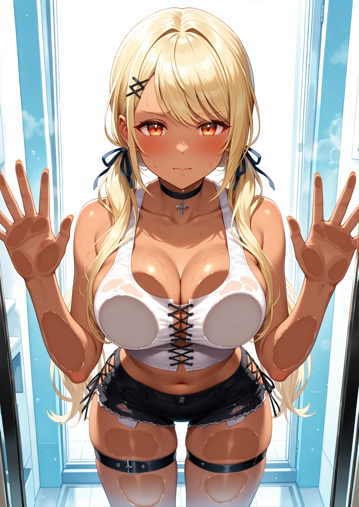 Upper body photo of beautiful blonde girl in swimsuit