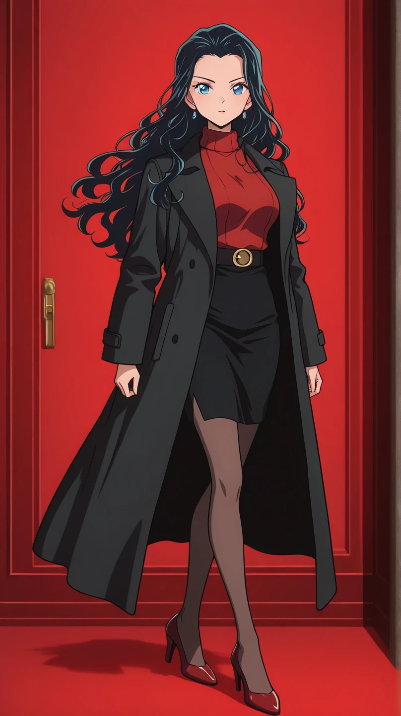 

EVIL BLACK SKINNED BUSINESS WOMAN WEARING A BLOUSE WITH A RED SKIRT SUIT 90s ANIME ARTSTYLE WITH DARK 
RED HEELS FULL BODY WEARING A SLIGHTLY LONG RED PENCIL SKIRT , MAKE ALL THE RED MATCH