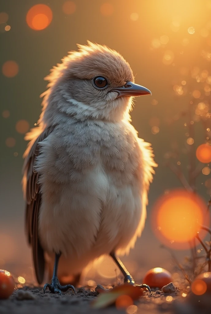 A mesmerizing close-up portrait of a gorgeous little bird illuminated by the soft, golden light of a tranquil morning, with vibrant bokeh balls gently framing its delicate form.
