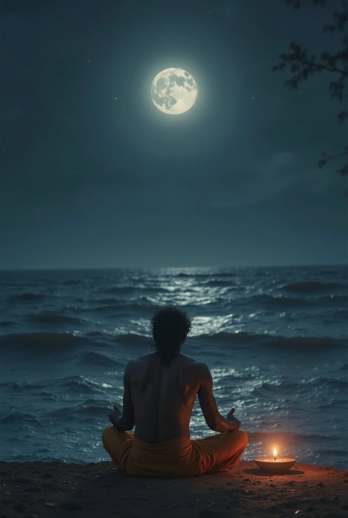 "A vast, star-filled sky, where every star twinkles with a soft blue hue. The man is lying on his back on a flat rock, staring up at the sky, completely immersed in the moment. The blue tones of the night sky blend seamlessly with the dark blue rocks around him. The stars seem to pulse gently, as if they are alive and speaking to him in a language of light. The scene conveys peace, reflection, and a deep connection with the divine."