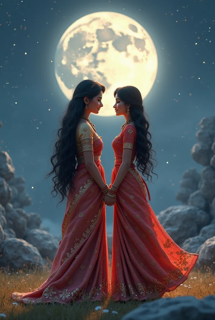 There is a 2 Indian girl she is wearing a red saree and she is standing in the moonlight nights there is a very big heart shaped stone in front of her