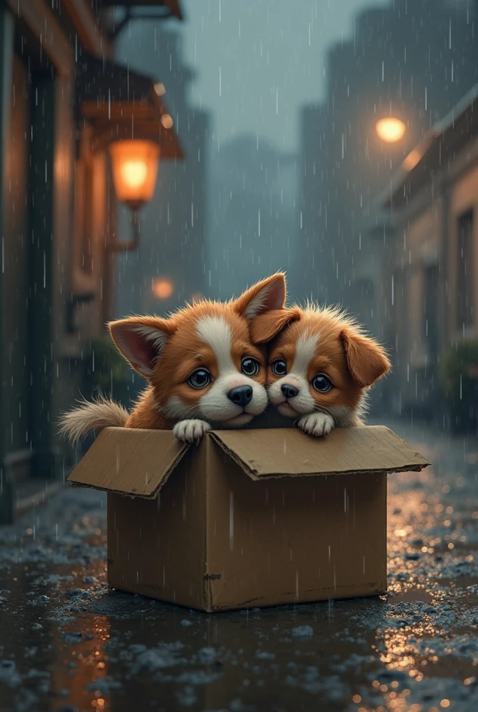 Street light fans, cat and dog sit huddled together in a box,  sad eyes, it&#39;s raining