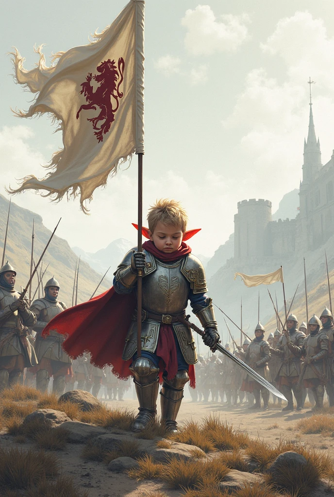 Mucha, front, portrait, boy with blond medium long hair, outdoors, backlight, soft light, medieval, France, holding red flag, looking up, red, blue, white, trousers