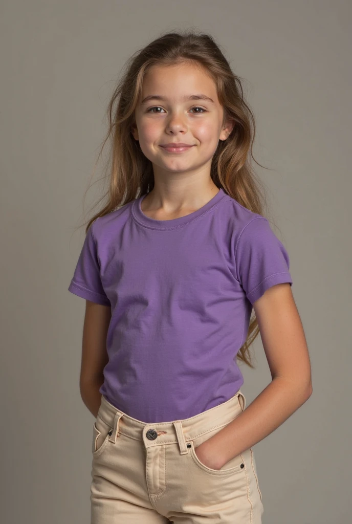 a eight years old , blonde hair up to shoulders bangs, purple tshirt long sleeve, moutains