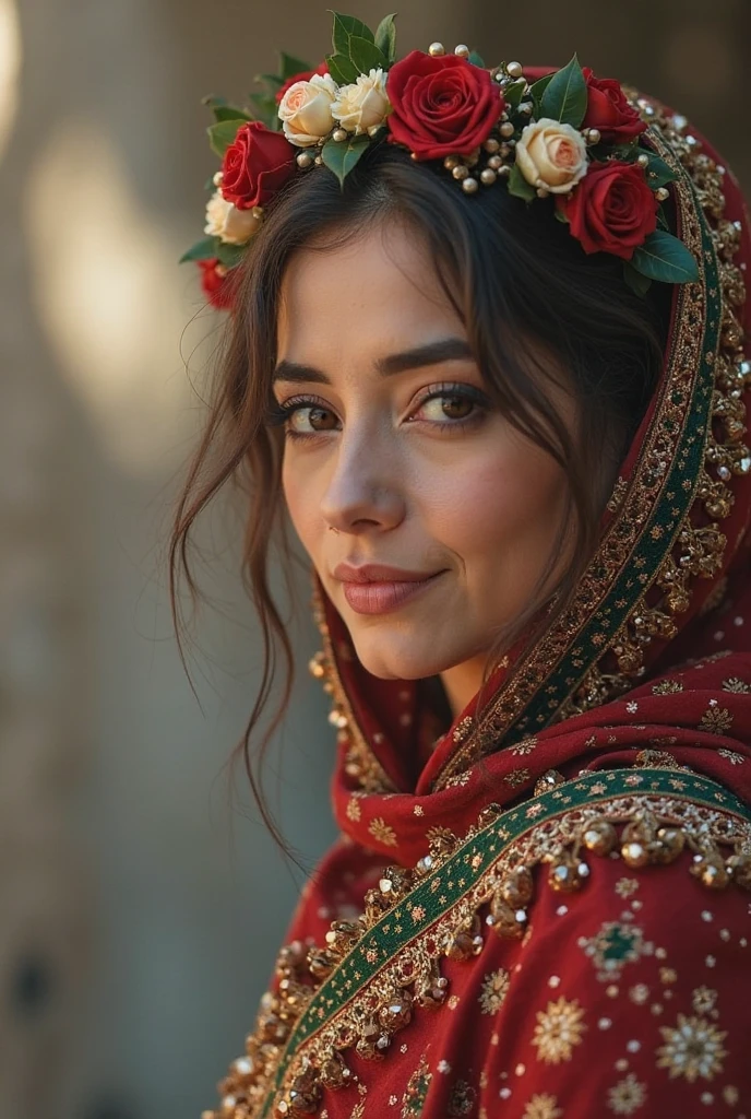 turkish woman dressed in traditional turkish village clothes with a candle, in the style of dark green and red, head covered with turkish hijab, romantic depictions of turkish weddings,sad smile, teary eyes, fairycore, webcam photography, historical reproductions, traditional techniques reimagined, made of flowers --ar 2:3 --niji 5