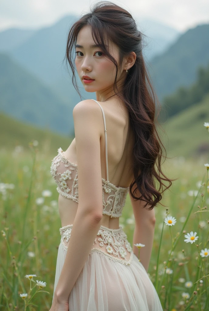 fin、small eyes、double teeth、Long Roll Hairstyles、Little fat woman、20-year-old、black haired、crawl on all fours、laughter、cover your butt with your hands、half naked、autumn landscape、Hair illuminated by the sun、freckles、small breasts、round butt、All nude、Full body Esbian、light coming through the window、Sexy back view、