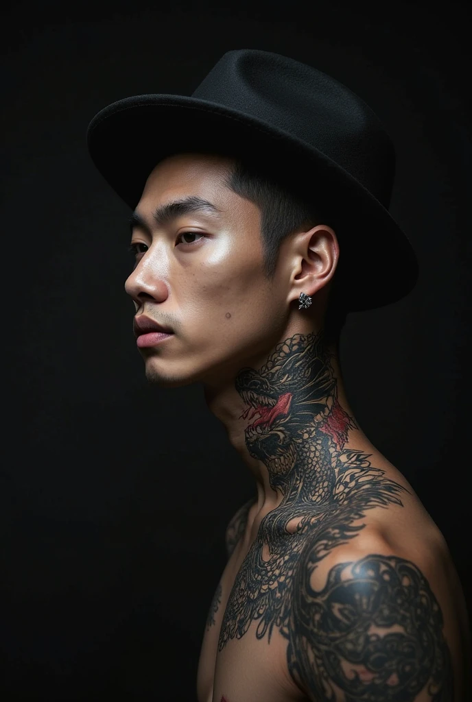 frontal photo Looking straight into the camera,8k quality,, Close-up photo of 25 year old Asian man, very handsome., Mohawk hair,) Wear a dark black t-shirt., Yakuza tattoos, Inside a luxurious coffee shop,  Taken with a high quality camera 45,000,000 pixels, realistic light colors, 