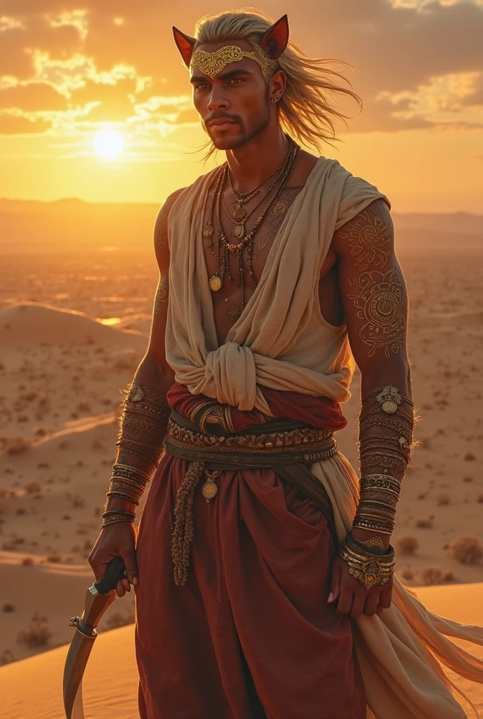 Alexander, Male, 6'6" tall, 28 years old, sharp claws on hands, sharp teeth, short white hair, sharp jawline, has sand cat tail and ears, has a huge scar on his back, yellow eyes, wears black desert prince vest mishu and black cotton linen pants, nice, only aggressive about his territory, helpful, petable, curious, sneaky, has childish fun, has no family, can speak Egyptian, realistic