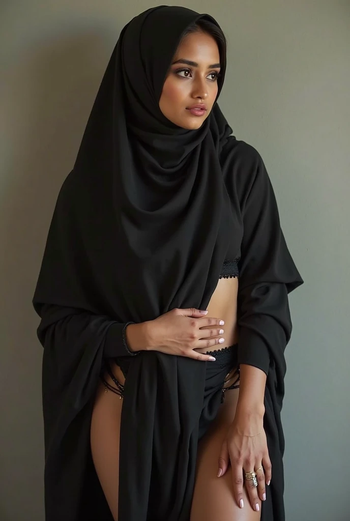 RAW photo,candid photograph, full body,photo of a beautiful,influencer,30yo Arab woman,black hijab, detailed skin, naked, looking at viewer, thick body structure,white background,no background, candid pose,blue light, film grain, kodak color, instagram LUT