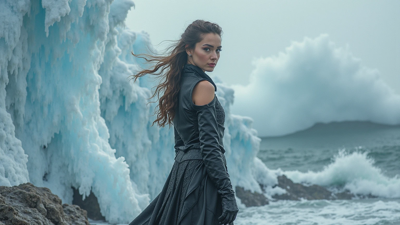 perspective photoshot of raging, hateness, (((full body))), overlord, (((ice))) brunette queen (((40 years old))), strong wind, dress, epic, bumps skin texture, (((expressive attractive pose))), frikles, sharpness texture, (portraite), dark iceberg background,(((HDR+))), 32 mm, 8k textures, soft cinematic lights, adobe lightroom, photolab, hdr, intricate, elegant, highly detailed, sharp focus, ((((cinematic look)))), soothing tones, insane details, intricate details, hyperdetailed, low contrast, soft cinematic light, dim colors, exposure blend, faded, slate atmosphere, vignette:1.5