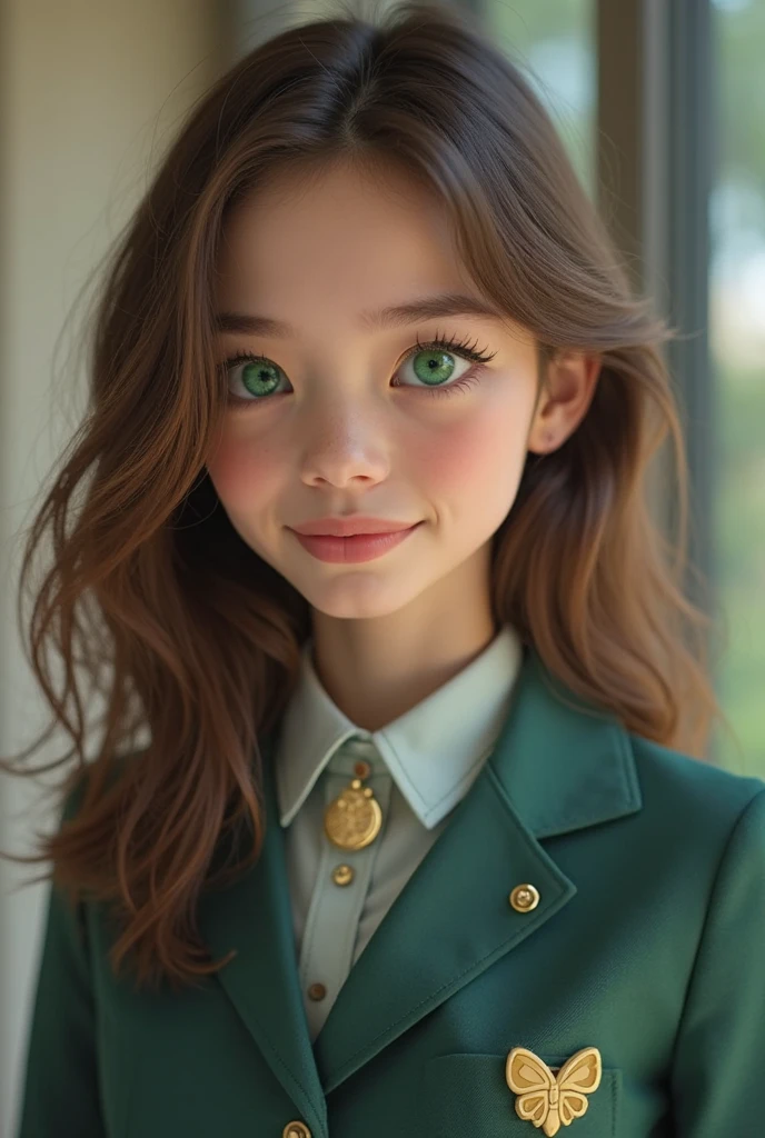 Create a girl with pale skin; big eyes with beautiful long curly eyelashes; un cabello rizado y corto, con un tono pelirrojo; greenish brown eyes; con pecas en su rostro; with an army green sweater with worn brown, en una biblioteca.