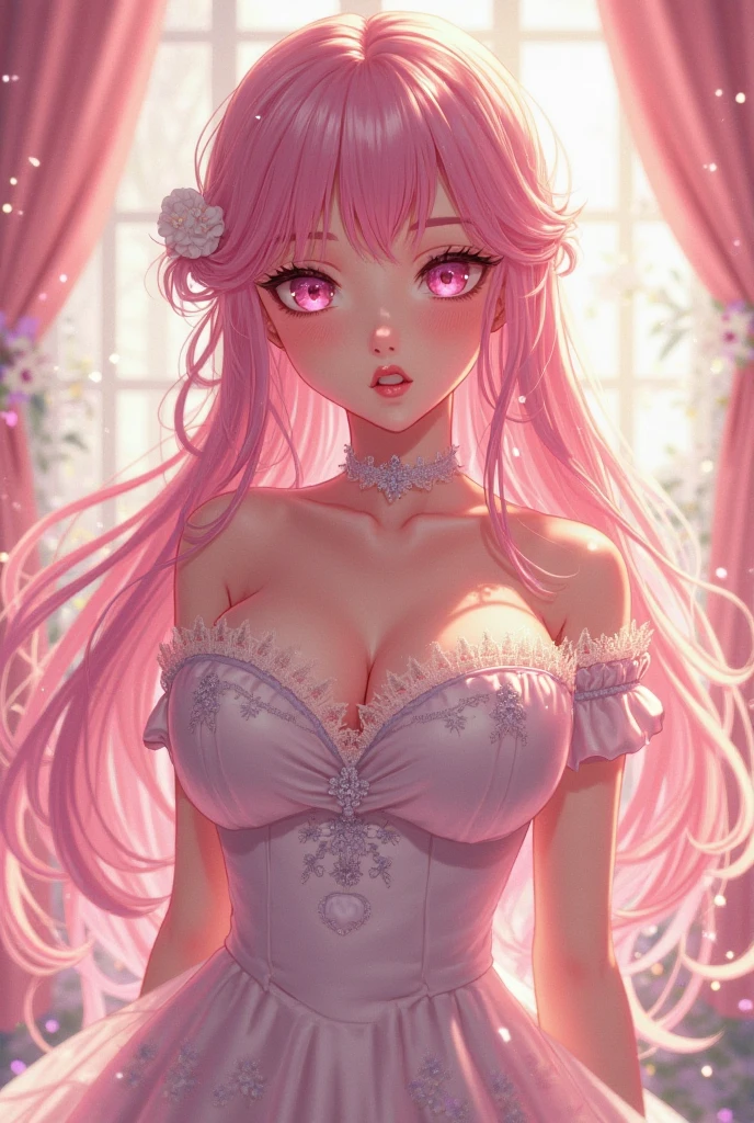 (pastel color palette), detailed aqua eyes, pink hair, (aqua eyes), Official art, Unity 8k Wallpaper, Ultra-detail, Beautiful and aesthetic, masterpiece, Best Quality, 1girl, ((big tits)), Extremely detailed, elegant, vivd color, romanticism, arms behind back, kawaii fashion, shiny skin, sexy pose, ((pink background)), heavy blushing, upper body, straight on, (cleavage), funky graphic design, (((anime style))), portrait,