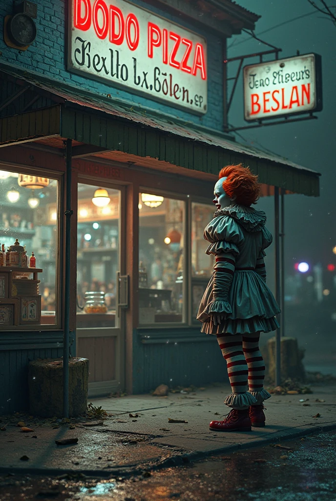 a girl passionately licks waffle ice cream, holds a balloon, an industrial zone, a dark night, the lanterns are dimly lit, a dirty man lies in red bloody puddles, a clown watchman stands with an air rifle, a horse, the police run away in panic, black humor, a fountain of beer