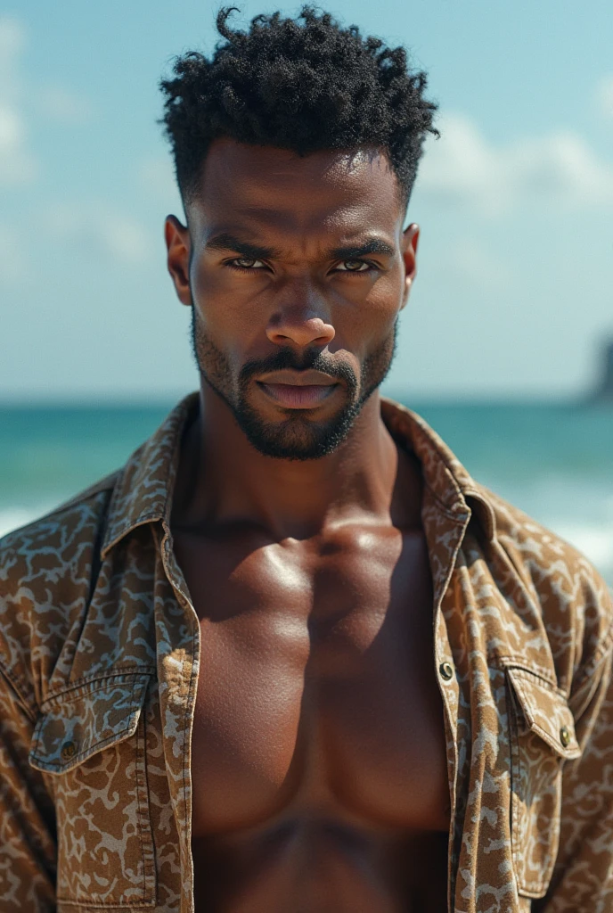 Create an avant-garde fashion scene featuring a male model with African descent, but with the features of David Gandy. The model is an athletic figure with a striking, masculine physique and a captivating presence, dressed in an experimental, artistic outfit suitable for a beach setting. The outfit should showcase bold, non-traditional materials and striking, asymmetrical designs, blending avant-garde fashion with beachwear aesthetics. The setting is a stunning, pristine beach at sunset, with golden sands, clear turquoise waters, and dramatic coastal rock formations. The environment features a warm, ambient lighting that highlights the model's outfit and creates beautiful, soft shadows.

The composition should focus on the model, ensuring he is well-centered and fully visible within the 16x9 frame, from head to toe, emphasizing his powerful, elegant, and confident presence amidst the picturesque beach setting.

Filmed on ARRI ALEXA 65, Bokeh, sharp focus on the subject, shot by Don McCullin. The atmosphere should exude a sense of artistic expression, with the model embodying the essence of avant-garde fashion—daring, bold, and cutting-edge.

Keywords: beauty, model, elegance, glamour, fashion, stunning, radiant, chic, graceful, confident, striking, flawless, alluring, photogenic, sophisticated, enchanting, captivating, charismatic, runway, editorial, beauty standards, artistic, style, aesthetic, personality, portrait, beauty photography, professional model, fashionista, trendsetter."