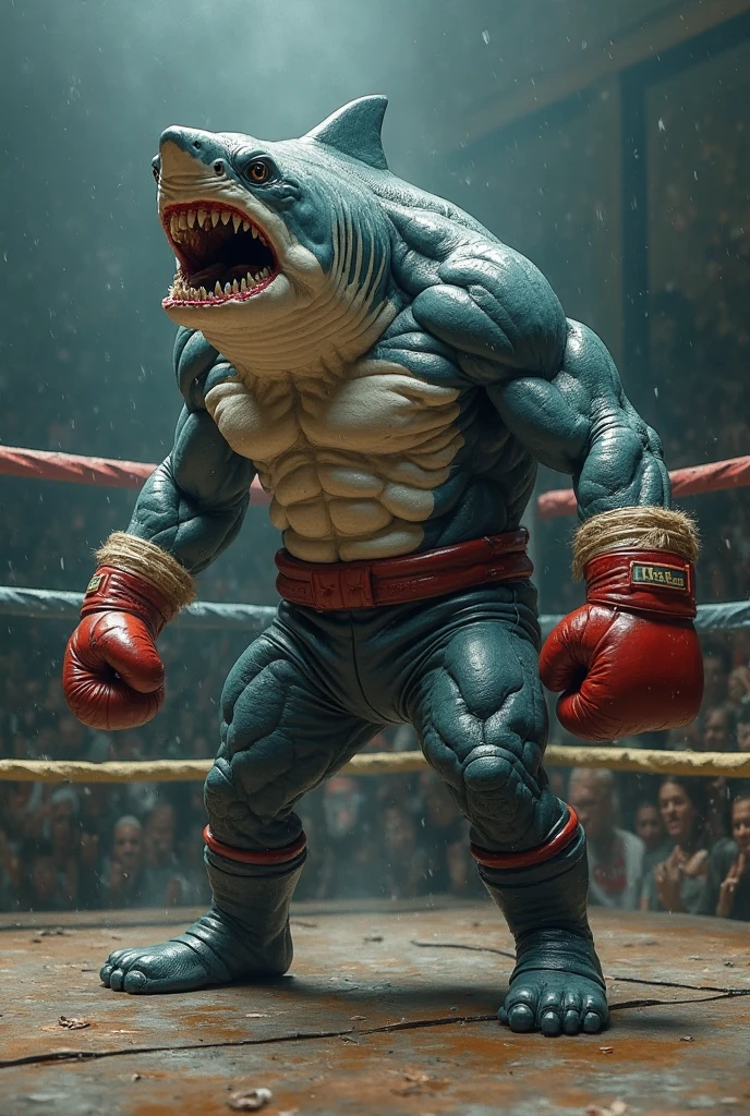 A human shark with a strong body "like a king shark" with the head of a giant shark in a wrestling boxing ring, with scars from her cuts and stitches, visible veins, scary-looking, scary-looking teeth, looking good.