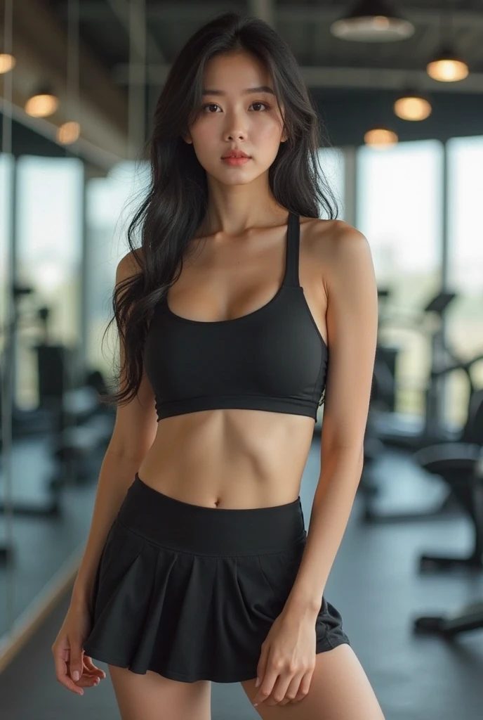 ((Best Quality, 4K, Masterpiece: 1.3)), a beautiful woman with perfect figure: 1.4, (Abs, developed hand muscles: 1.2), dark brown hair, sweatpants, wet body, gym, highly detailed facial and skin texture, detailed eyes, double eyelids