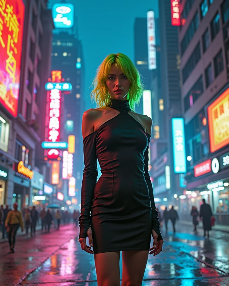 cyberpunk ultra hot gorgeous European woman. Age 23. Large breast. Cleavage with neon green hair, walking through a rain-soaked alley, her silhouette outlined by the vibrant neon signs of a futuristic cityscape, 8k resolution, photorealistic, cinematic lighting.
