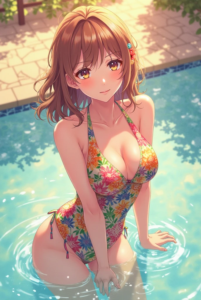 1girl, solo, masterpiece, best quality, high res, highly detailed, (illustration), beatiful detailed eyes, yuigahama yui, single hair bun, light smile, swimsuit, cleavage, facing viewer, swimming pool