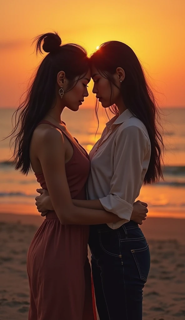 A captivating selfie of a female duo, their hearts heavy with lovesickness and longing, framed by the setting sun. With radiant, awaiting expressions, they gazed deep into each other's eyes, their hands intertwined in a gentle embrace. The silhouettes of their profiles against the sky painted a breathtaking scene of love and devotion. This photograph, a testament to their unspoken emotions, was taken with the finest camera equipment, resulting in an image of supreme quality and detail, with the luminous colors of the sunset bathed in high contrast and rendered in 8k resolution for an immersive and unforgettable experience. The perfect artwork