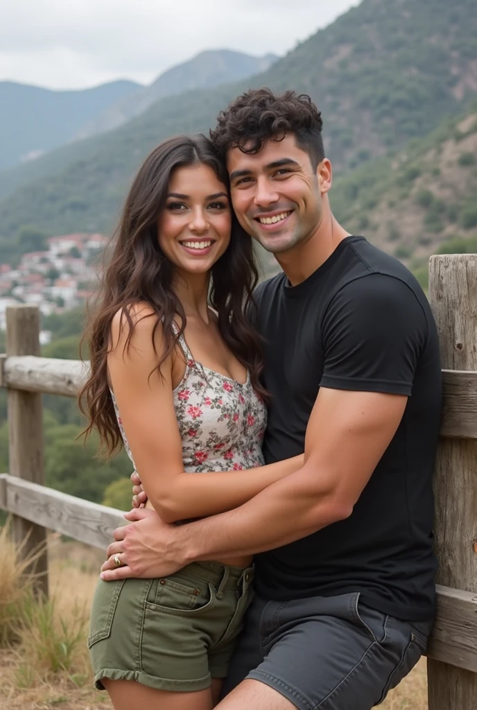 selfie d'un couple heureux ensembles devant un paysage incroyable, un lac montagneux, soleil magnifique, ultrarealistic, photoreallistic, 16k, realistic light