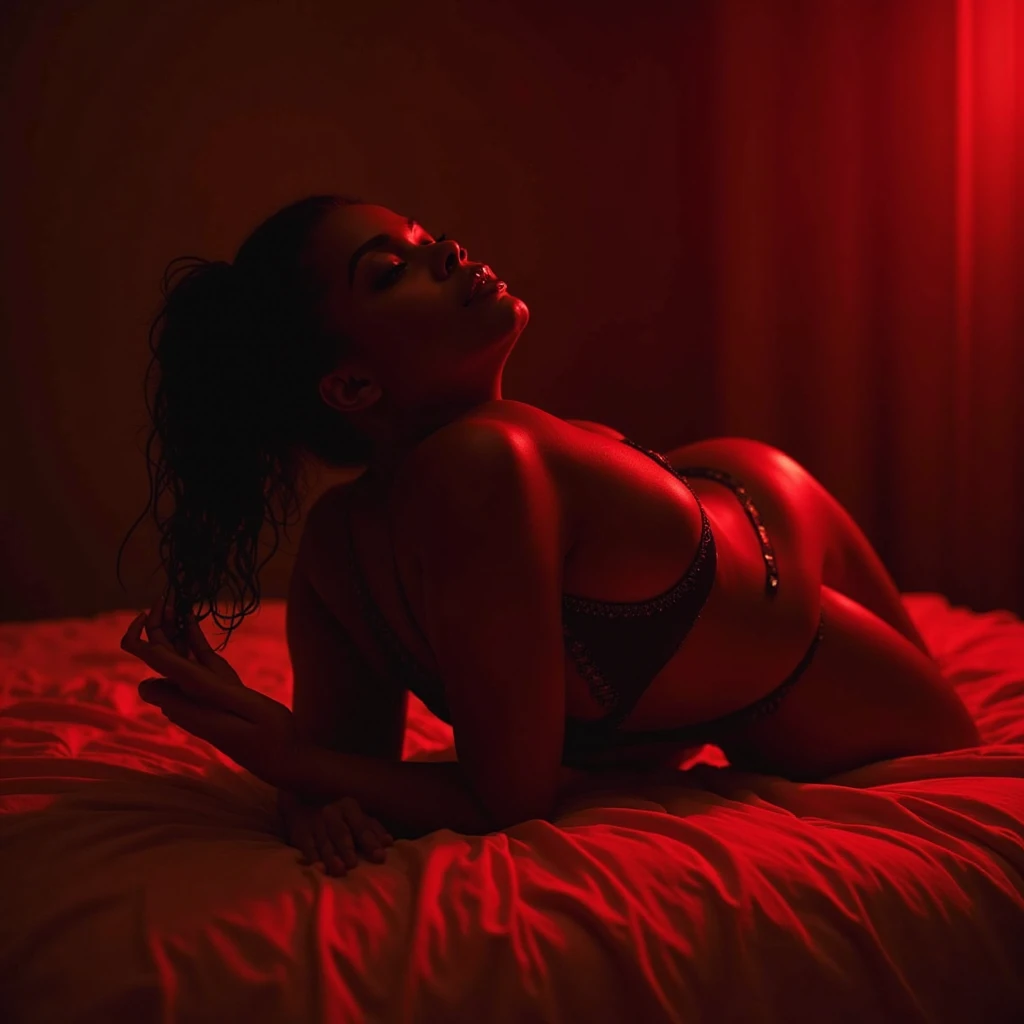 chubby pregnant women with extremely big belly, nude, mouth hanging open, lying on back, soles of feet in view, short hair, pink neon light, laying eggs