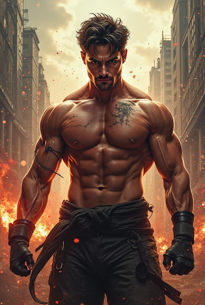 portrait of a 40 years muscular very handsome and attractive Gladiator warrior man, in front of an ancient destroyed Roman city on fire, raining, short messy hair, hairy body, gladiator clothe, close up, regal pose and attitude. fking_cinema_v2. , very strong and fitted, very intense action, dynamic action scene, dynamic juxtaposition, a sword, fierce look, looking at the viewer, fierce look, tumblr contest winner, hurufiyya, very strong fitted and masculine, movie still, cinematic lighting. photograph, detailed symmetric realistic face, extremely detailed natural texture, peach fuzz, short messy hair, masterpiece, absurdres, nikon d850 film stock photograph, kodak portra 400 camera f1.6 lens, extremely detailed, amazing, fine detail, intense actio, hyper realistic lifelike texture, dramatic lighting, unrealengine, trending on artstation, cinestill 800 tungsten, looking at the viewer, photo realistic, RAW photo, TanvirTamim, high quality, highres, sharp focus, extremely detailed, cinematic lighting, action, 8k uhd,