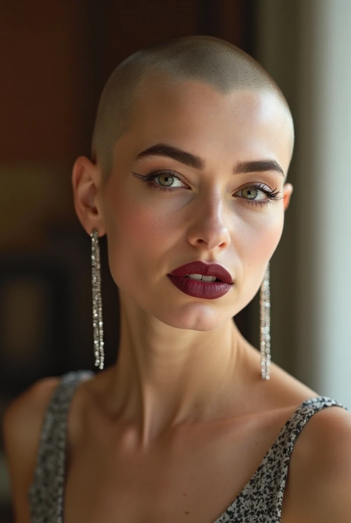 analog film, large format photo, perfection style, detailed style, skin texture style A (closeup portrait:1.6)cinematic photography of a ((22 yrs Beautiful sexy woman, (bald fade buzzcut, right side hair part), dark hazel eyes, (((black sleeveless cocktail dress))), standing out of a club, seductive pose, flirting, winter, cold, film still, sharp, detailed, perfect, perfection style, Kodak, film, fujifilm, technicolor, vivid color, professional photography style, brightly lit, golden light, sunset, golden hour, large format photo style, solo, looking at viewer, dark sheer dress, outdoors, evening, mole, Sharp focus, blurry background, strong depth of field, realistic, photo background, photorealistic, parted lips, flirting, attractive, seductive, slide film, perfect exposure, 35mm photo, fine grain, vignette, vintage, highly detailed, high contrast

