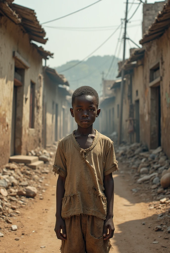 The African boy is sitting in an empty field, surrounded by rubble and debris from destroyed structures. He is wearing torn and dirty clothes, and carries a tired and sad expression on his face. In his right hand, he holds a rusty gun, while in his left hand, he holds a photo of his family that was killed during the war --auto --s2