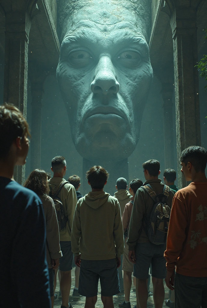 Epic image of a highly accelerated technological world with people addicted to social media and cell phone use with the presence of a stoic statue watching everything closely.