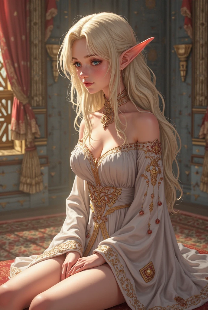 (details Intricate),
lighting sun, Depth of field,
tiro de cowboy BREAK 1girl, sitting down,
(Curvy Body), Waist slender, Broad Hips, muslos grandes,
hair blonde, long braided hair, greeneyes, pointy ears,
(ornate attire), short dress with gold trim,
(ornate jewelry), head crown, BREAKthrone room gold finish choker, woods, hibiscus flowers.