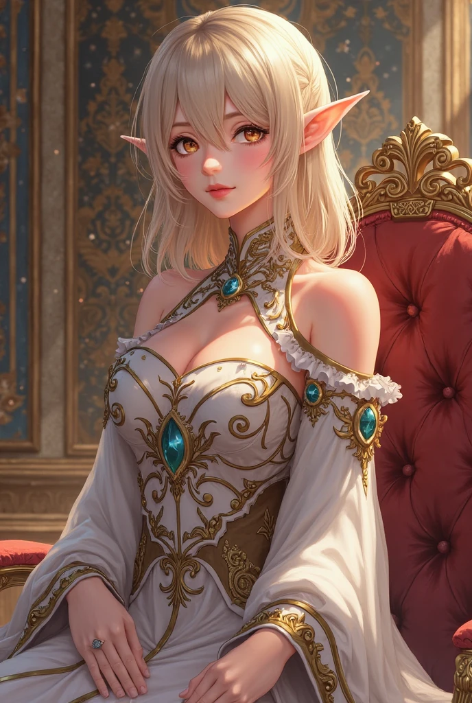 A noble half-elf girl, beautiful detailed eyes, beautiful detailed lips, extremely detailed face, long eyelashes, elegant red blood dress, luxurious jewelry, graceful posture, magical aura, ornate ballroom, crystal chandeliers, lavish decor, (best quality,4k,8k,highres,masterpiece:1.2),ultra-detailed),digital painting, cinematic lighting, dramatic shadows, warm color palette