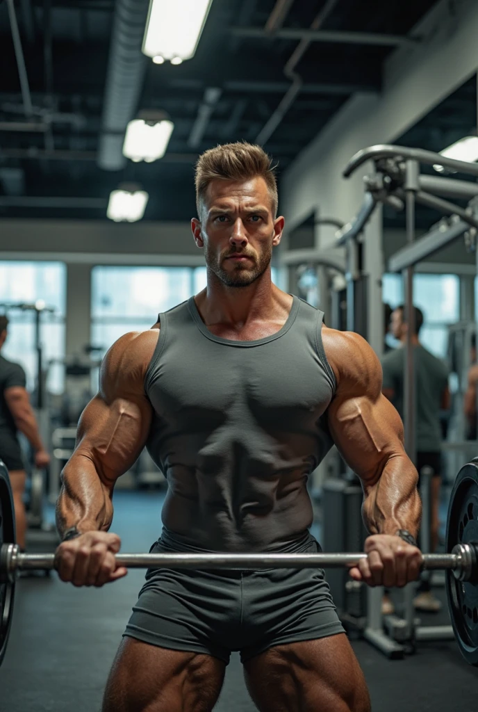 Let the handsome man bench press, weigh 100 kilos, have blond hair and green eyes 20 years