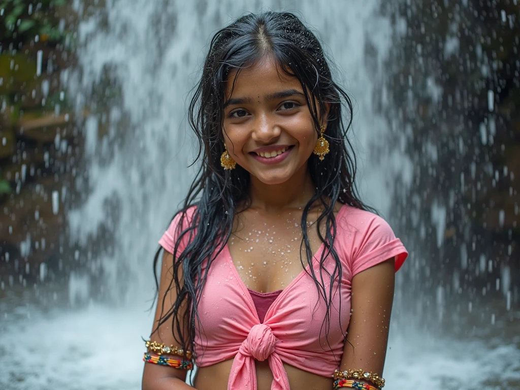 14 year old girl with short black hair and light brown skin wearing a wet t-shirt
