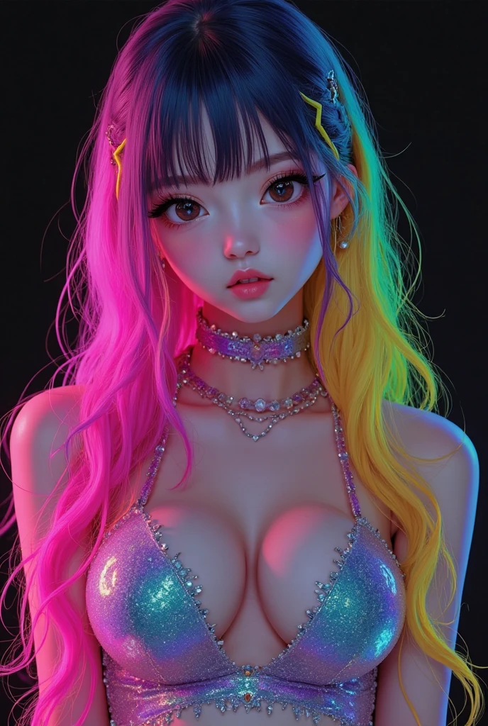 beautiful artwork,(Extreme Detail CG Unity 8K wallpaper、masterpiece、top-quality)、(exquisite lighting and shadow、highly dramatic picture)masutepiece、Best Quality, Standing Open Stance 。High resolution, Extremely detailed,Division method),photo taken from below the ground、rainbow paint background,(((gradient color background light.....................................))), ((Gradient Color Hair)),((Gradient color striped hair)), Beautiful detailed eyes,(Gradient color eyes),(((Colorful eyes))),(((The background is a gradation color))),(((High color saturation))),(((Surrounded by colorful lights)))heterochromia iridis, (colourfull:1.5),hight resolution, (((Naked state)))Japanese man sitting, 18year old,femele , Colorful hair(Long hair:1.8), (Side Ponytail:0.2), The left nipple is pointing upwards.,The right nipple is facing upward to the right,(wind blown hair:1.2),Wearing fishnet stockings、 )),((((Chained、bound by slime.))),(((Colossal tits: 1.5))),(((drooping chest:1.3、cleavage of the breast:1.4,erectile nipple:1.3 ,Raised areola,:1.2))),(big breasts thin waist :1),(big butts: 1.2),bright skin, tthin eyebrows,beatiful detailed eyes, long eyeslashes,colorful eyeballs,light orange lip,Love juice drips from the crotch、Girl Leaking Pee、Mouth ajar,Drooling ,No pubic hair