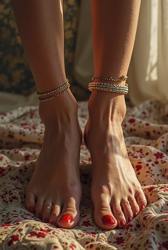 Elegant feet adorned with delicate ankle bracelets, captured in a soft focus vintage film photography style, natural lighting, warm tones, shallow depth of field, emphasizing graceful curves and textures -