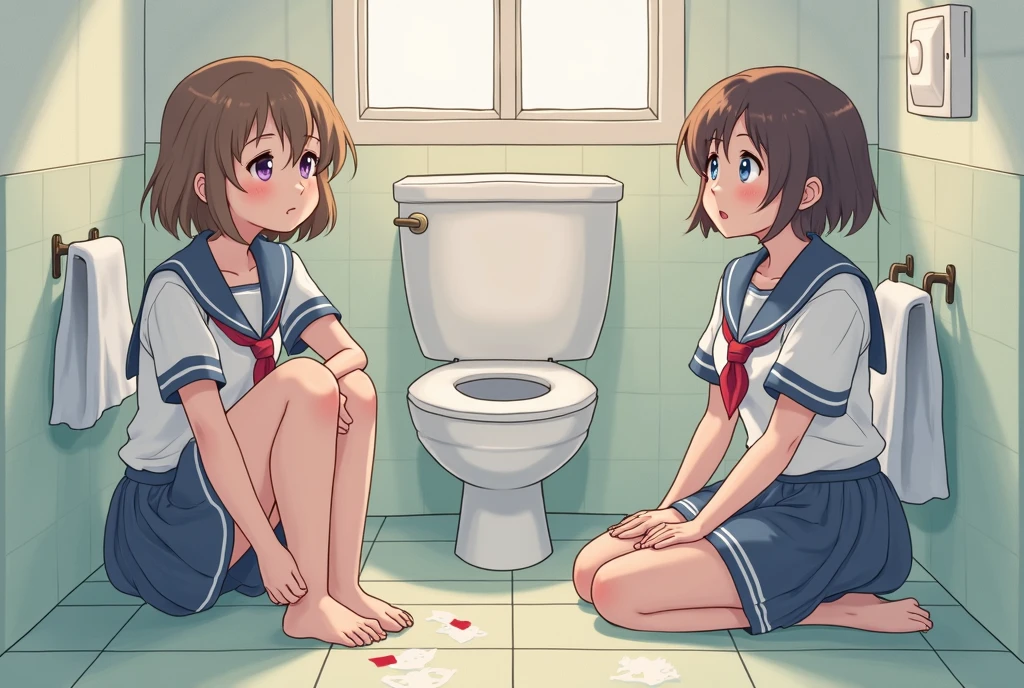 Masterpiece, highest quality, high resolution background, bright and beautiful atmosphere, 3 girls (2 years old, 1 short-tempered round face), 1 child) (hair, surface effects), small breasts, toilet stall, sit on the toilet bowl pee is gushing out of her pussy and into the toilet bowl, she's pulling down her underwear, she's pulling down her skirt, she's very blushing, she's very embarrassed, the bathroom door is ajar, she's trying to hide it with one hand in front of her, ( Very panicked face: 1.9), legs open, girl in sailor suit holding doorknob, sailor suit, ((NSFW)), panicked look, "deltamon_sdXL :0.73) >Deltamon