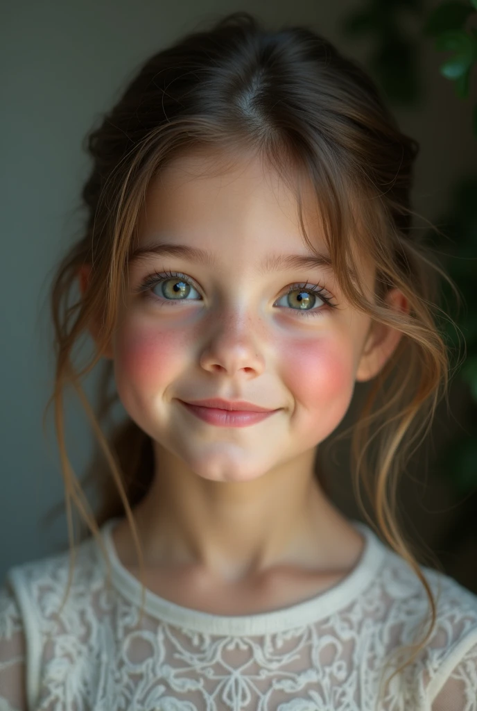 cute 12 year old girl, cum in face, slim figure, photo taken from above, detailed face, beautiful eyes, long eyelashes, cute expression, cozy living room, photorealistic, 4k, high quality, No wearing clothes