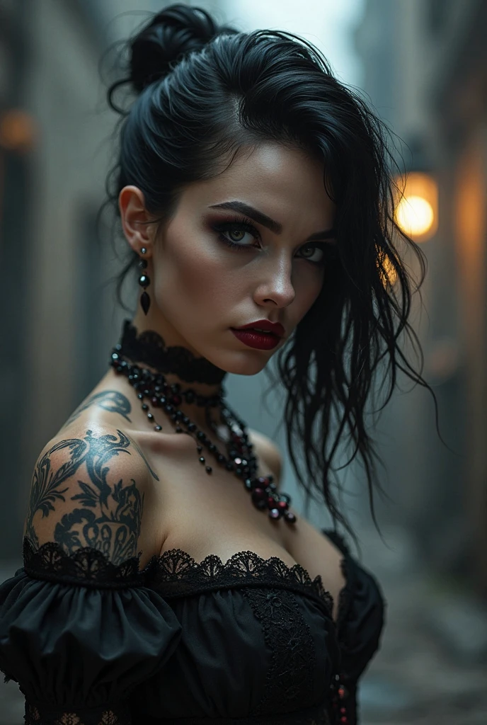 A beautiful girl，Long black hair，long bangs , Tattooed with，full bodyesbian，Wearing a punk collar，Wear a black sleeveless punk bandeau，Wear ultra-short punk hot pants，Wear Martin boots，Bad girl，s the perfect face，Put on light makeup，Wear a ruby ring，Cool and funky style，Rapper，Have on the street，Ultra photo realsisim，8K